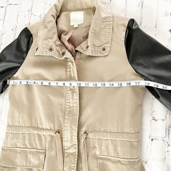 Olive & Oak Tan & Black Mixed Fabric Faux Leather Long Sleeve Full Zip Jacket XS - Picture 6 of 10